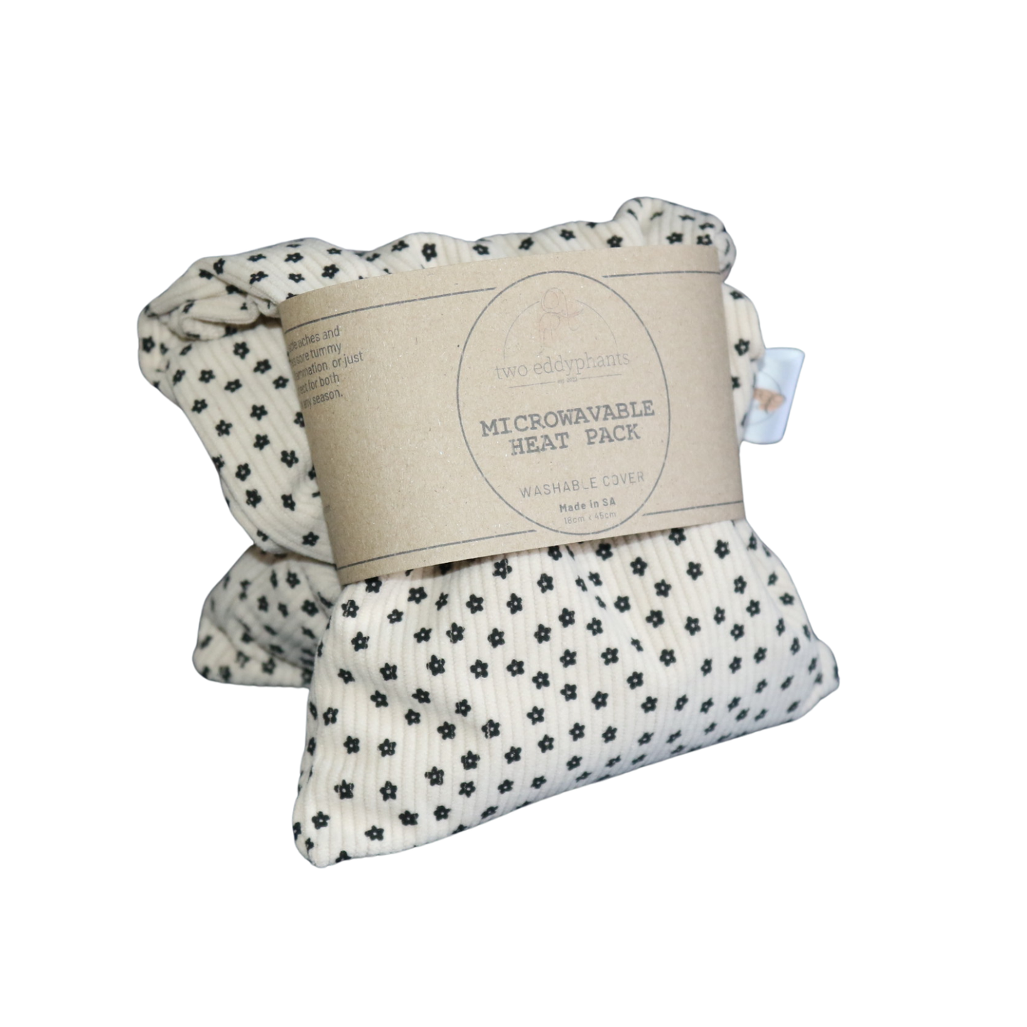 Natural grain heat pack/hottie with washable cover relieves pain in neck, shoulder and back. This bean bag can also be used for cold therapy. Made locally in Johannesburg South Africa by Two Eddyphants